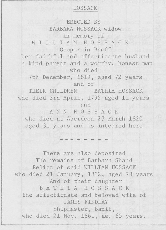Hossack tombstone inscription,  1819 (up), Linked To: <a href='i368.html' >Barbara Shand</a> and <a href='i367.html' >William Hossack</a>